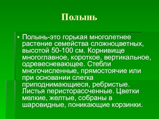 Полынь Полынь-это горькая многолетнее растение семейства сложноцветных, высотой 50-100 см. Корнивище многоглавное,