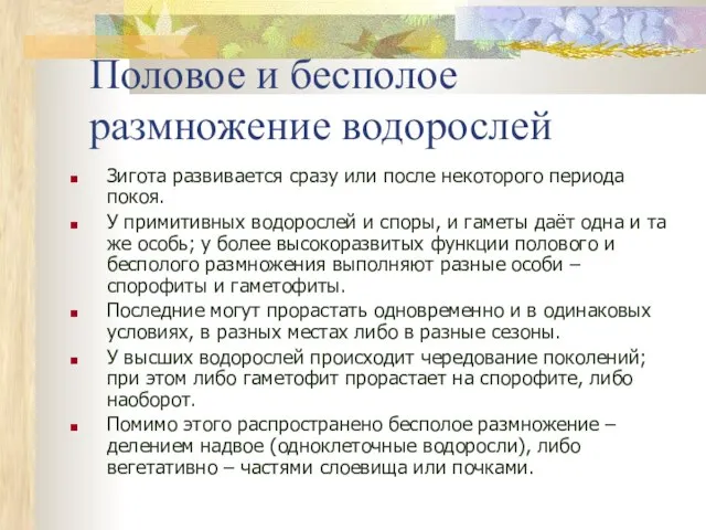 Половое и бесполое размножение водорослей Зигота развивается сразу или после некоторого периода