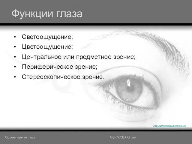 Функции глаза Светоощущение; Цветоощущение; Центральное или предметное зрение; Периферическое зрение; Стереоскопическое зрение.