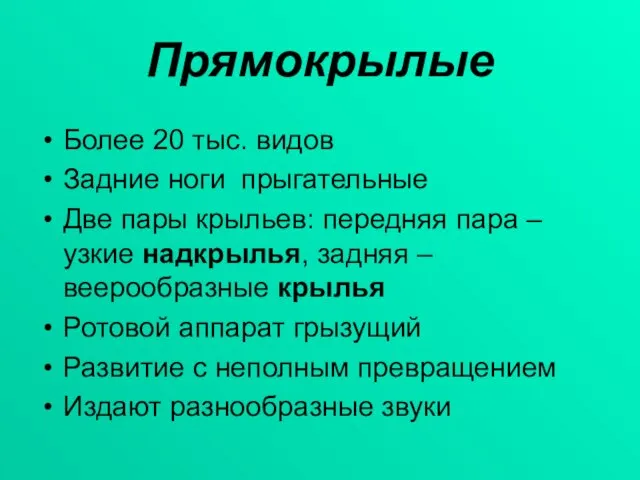 Прямокрылые Более 20 тыс. видов Задние ноги прыгательные Две пары крыльев: передняя