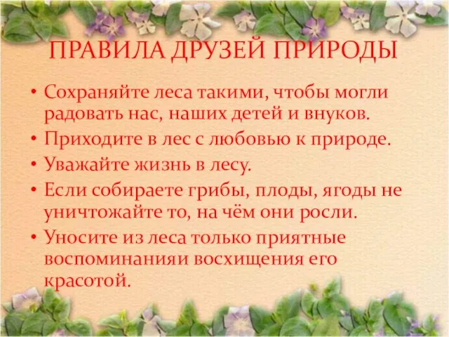 ПРАВИЛА ДРУЗЕЙ ПРИРОДЫ Сохраняйте леса такими, чтобы могли радовать нас, наших детей