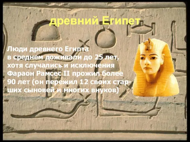 древний Египет Люди древнего Египта в среднем доживали до 25 лет, хотя