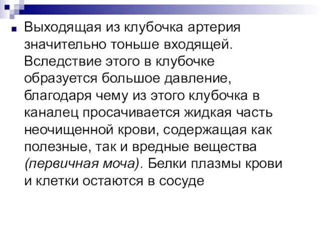 Выходящая из клубочка артерия значительно тоньше входящей. Вследствие этого в клубочке образуется