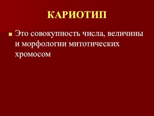 КАРИОТИП Это совокупность числа, величины и морфологии митотических хромосом