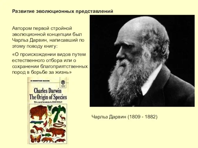 Развитие эволюционных представлений Автором первой стройной эволюционной концепции был Чарльз Дарвин, написавший