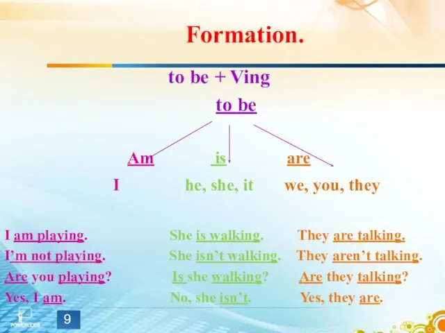 Formation. to be + Ving to be Am is are I he,