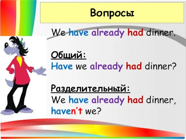 Вопросы We have already had dinner. Общий: Have we already had dinner?