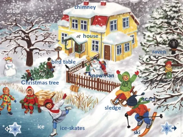 snowman house Сhristmas tree ice bird table ice-skates chimney raven sledge snow sсarf ski