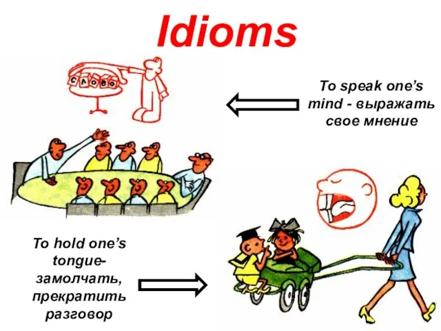 Idioms To speak one’s mind - выражать свое мнение To hold one’s tongue-замолчать, прекратить разговор