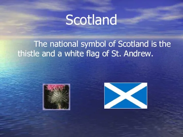 Scotland The national symbol of Scotland is the thistle and a white flag of St. Andrew.