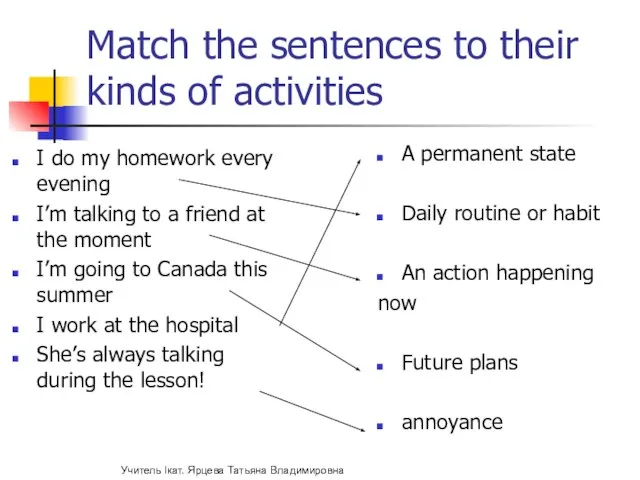 Match the sentences to their kinds of activities A permanent state Daily