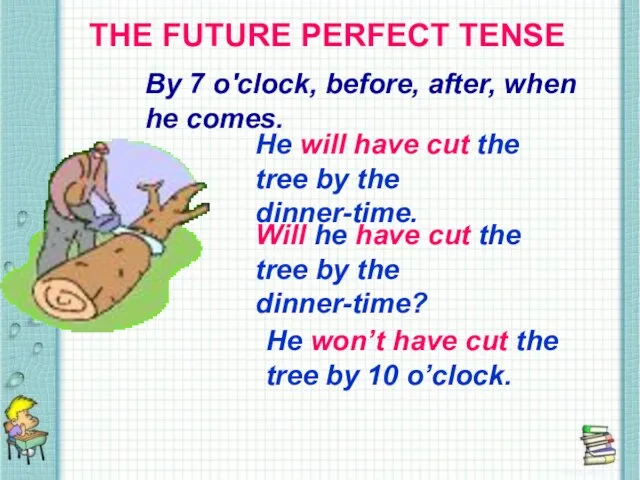THE FUTURE PERFECT TENSE THE FUTURE PERFECT TENSE By 7 o'clock, before,