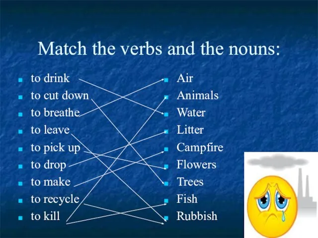 Match the verbs and the nouns: to drink to cut down to