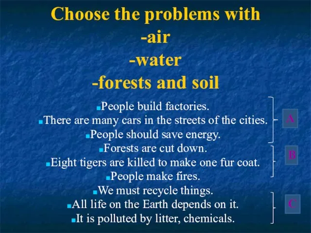 Choose the problems with -air -water -forests and soil People build factories.