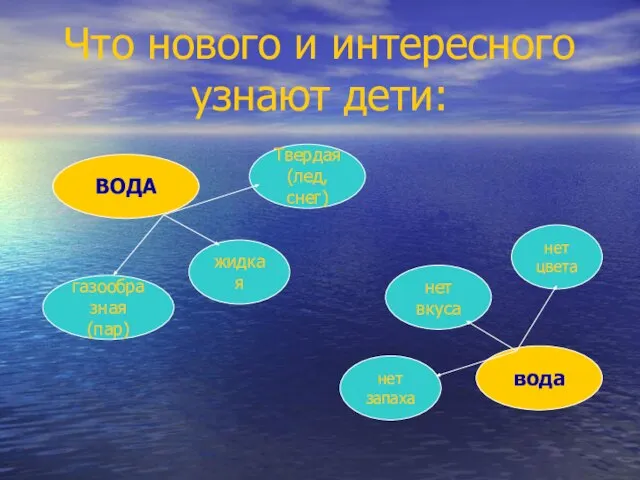 Что нового и интересного узнают дети: ВОДА газообразная (пар) жидкая Твердая (лед,