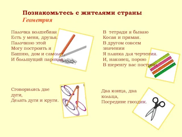 Познакомьтесь с жителями страны Геометрия Палочка волшебная Есть у меня, друзья. Палочкою