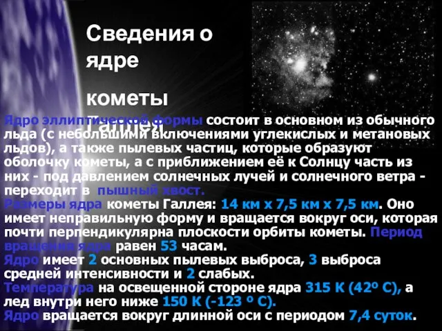 Сведения о ядре кометы Галлея Ядро эллиптической формы состоит в основном из