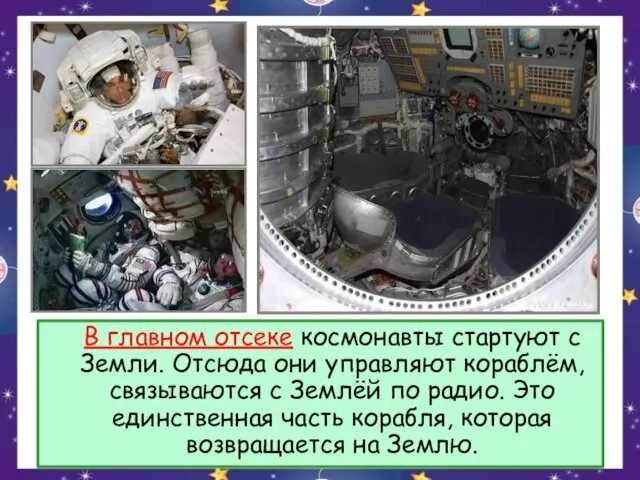 В главном отсеке космонавты стартуют с Земли. Отсюда они управляют кораблём, связываются