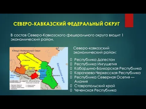 СЕВЕРО-КАВКАЗСКИЙ ФЕДЕРАЛЬНЫЙ ОКРУГ В состав Северо-Кавказского федерального округа входит 1 экономический район.