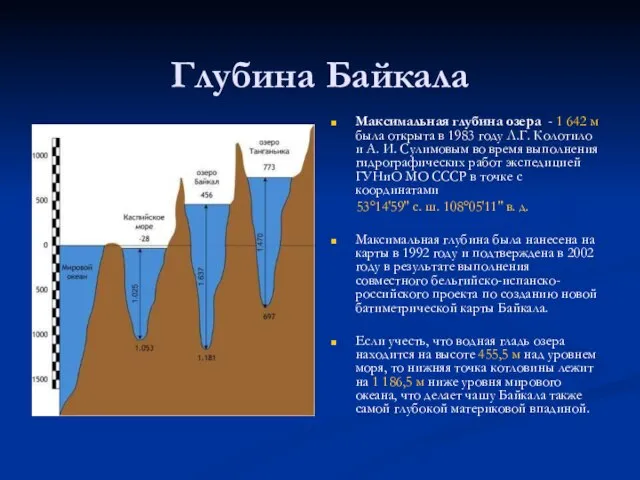 Глубина Байкала Максимальная глубина озера - 1 642 м была открыта в