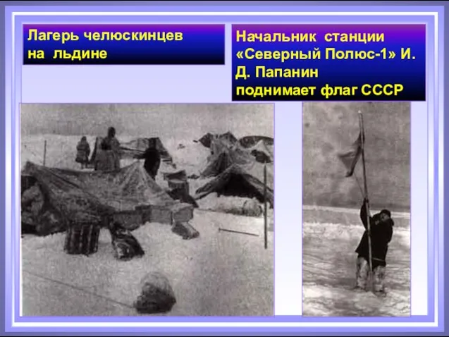 Начальник станции «Северный Полюс-1» И.Д. Папанин поднимает флаг СССР Лагерь челюскинцев на льдине