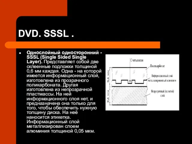 DVD. SSSL . Однослойный односторонний - SSSL (Single Sided Single Layer). Представляет