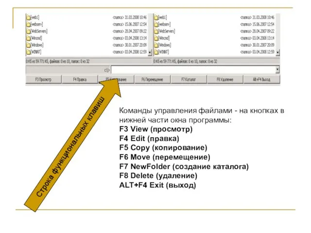 Команды управления файлами - на кнопках в нижней части окна программы: F3