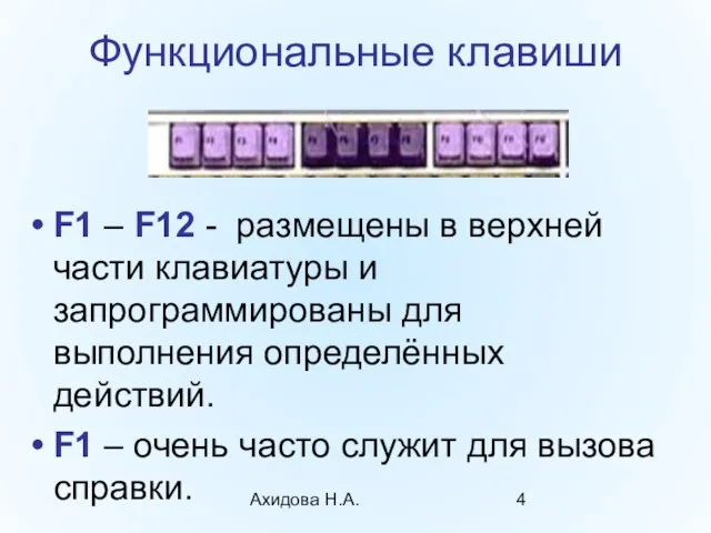 Ахидова Н.А. Функциональные клавиши F1 – F12 - размещены в верхней части