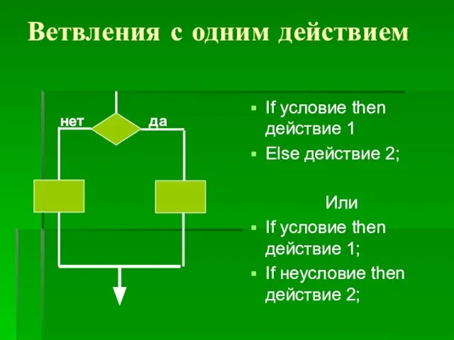 Ветвления с одним действием If условие then действие 1 Else действие 2;