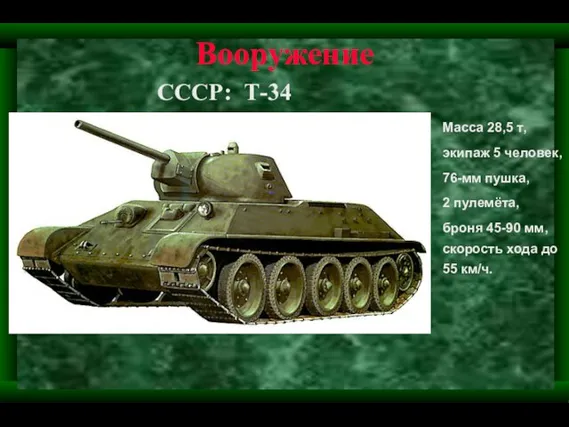 Вооружение СССР: Т-34 Масса 28,5 т, экипаж 5 человек, 76-мм пушка, 2