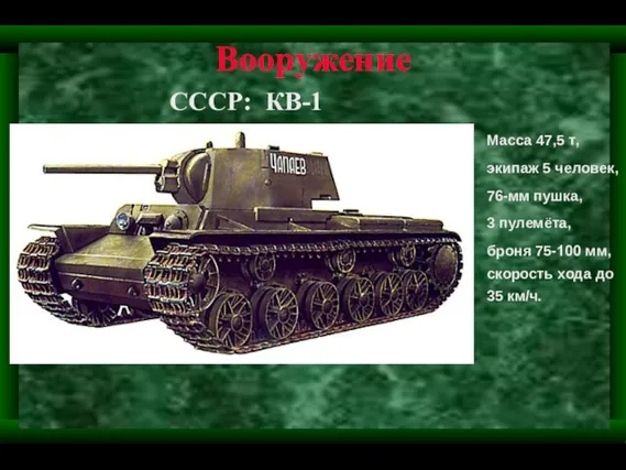 Вооружение СССР: КВ-1 Масса 47,5 т, экипаж 5 человек, 76-мм пушка, 3
