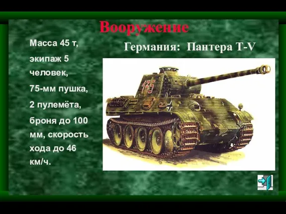 Вооружение Германия: Пантера Т-V Масса 45 т, экипаж 5 человек, 75-мм пушка,