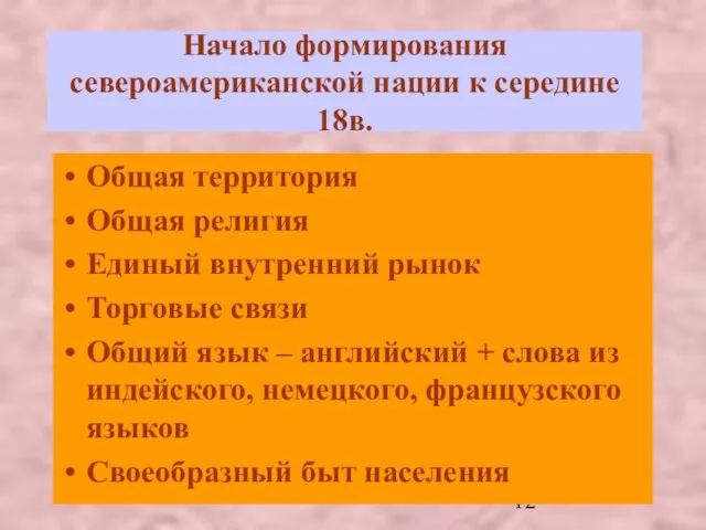 Начало формирования североамериканской нации к середине 18в. Общая территория Общая религия Единый