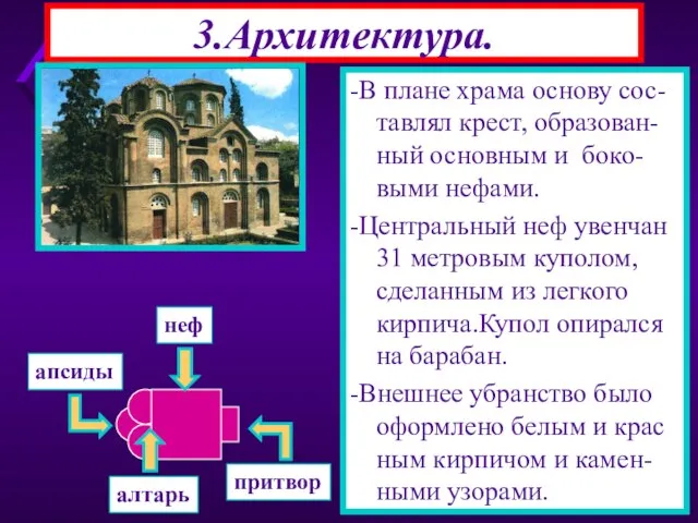 3.Архитектура. -Христианские храмы стро-ились по строгому кано-ну(порядку) -Алтарь всегда был обра-щен на