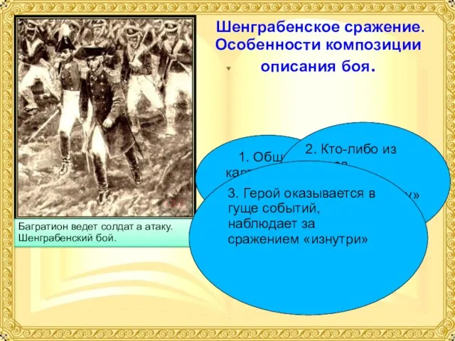 Шенграбенское сражение. Особенности композиции описания боя. Багратион ведет солдат а атаку. Шенграбенский