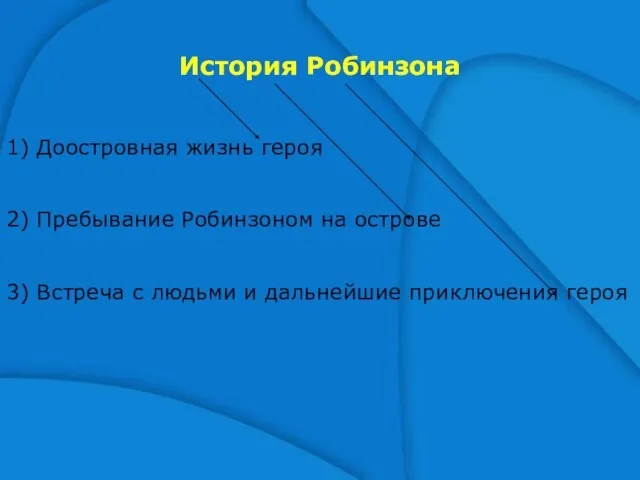 История Робинзона 1) Доостровная жизнь героя 2) Пребывание Робинзоном на острове 3)