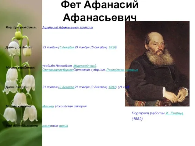 Фет Афанасий Афанасьевич Портрет работы И. Репина (1882)