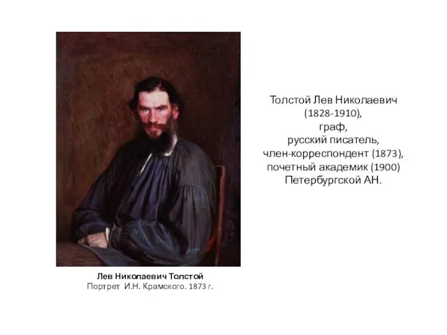 Толстой Лев Николаевич (1828-1910), граф, русский писатель, член-корреспондент (1873), почетный академик (1900)