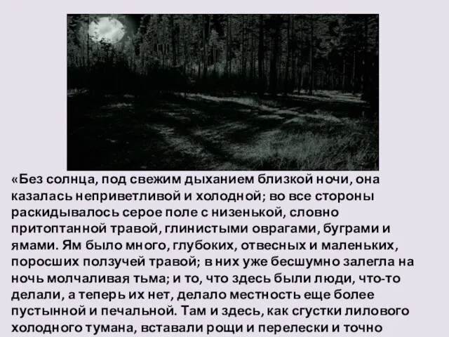 «Без солнца, под свежим дыханием близкой ночи, она казалась неприветливой и холодной;