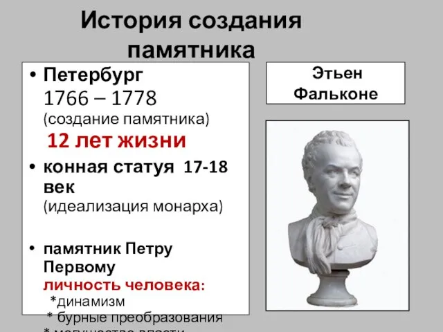 История создания памятника Петербург 1766 – 1778 (создание памятника) 12 лет жизни