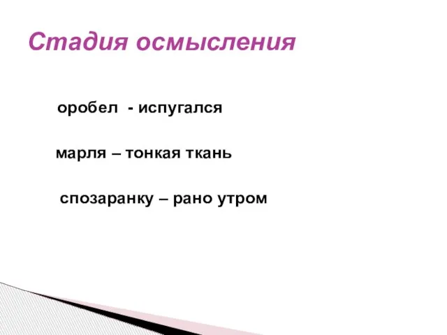 оробел - испугался марля – тонкая ткань спозаранку – рано утром Стадия осмысления