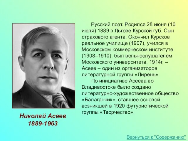 Русский поэт. Родился 28 июня (10 июля) 1889 в Льгове Курской губ.