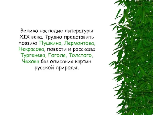 Велико наследие литературы XIX века. Трудно представить поэзию Пушкина, Лермонтова, Некрасова, повести