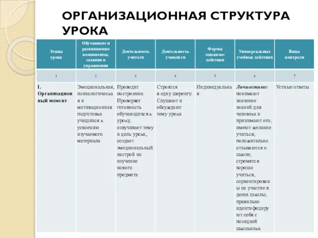 Организационная структура урока