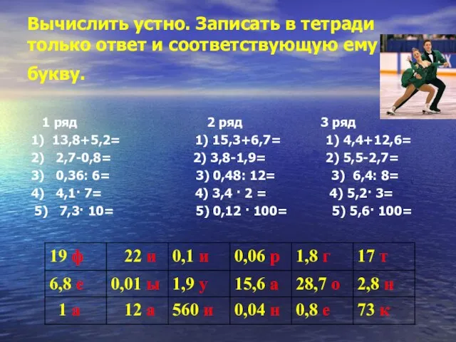 Вычислить устно. Записать в тетради только ответ и соответствующую ему букву. 1