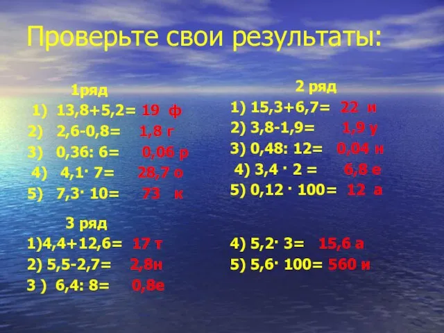 Проверьте свои результаты: 1ряд 1) 13,8+5,2= 19 ф 2) 2,6-0,8= 1,8 г