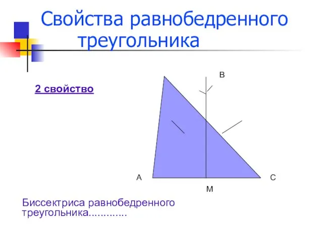 Свойства равнобедренного треугольника 2 свойство А С В М Биссектриса равнобедренного треугольника.............