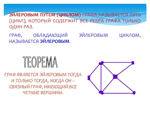 ЭЙЛЕРОВЫМ ПУТЕМ (ЦИКЛОМ) ГРАФА НАЗЫВАЕТСЯ ПУТЬ (ЦИКЛ), КОТОРЫЙ СОДЕРЖИТ ВСЕ РЕБРА ГРАФА