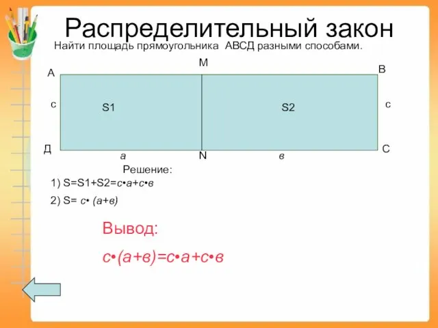 Распределительный закон Найти площадь прямоугольника АВСД разными способами. А В С Д