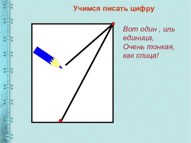 Вот один , иль единица, Очень тонкая, как спица! Учимся писать цифру